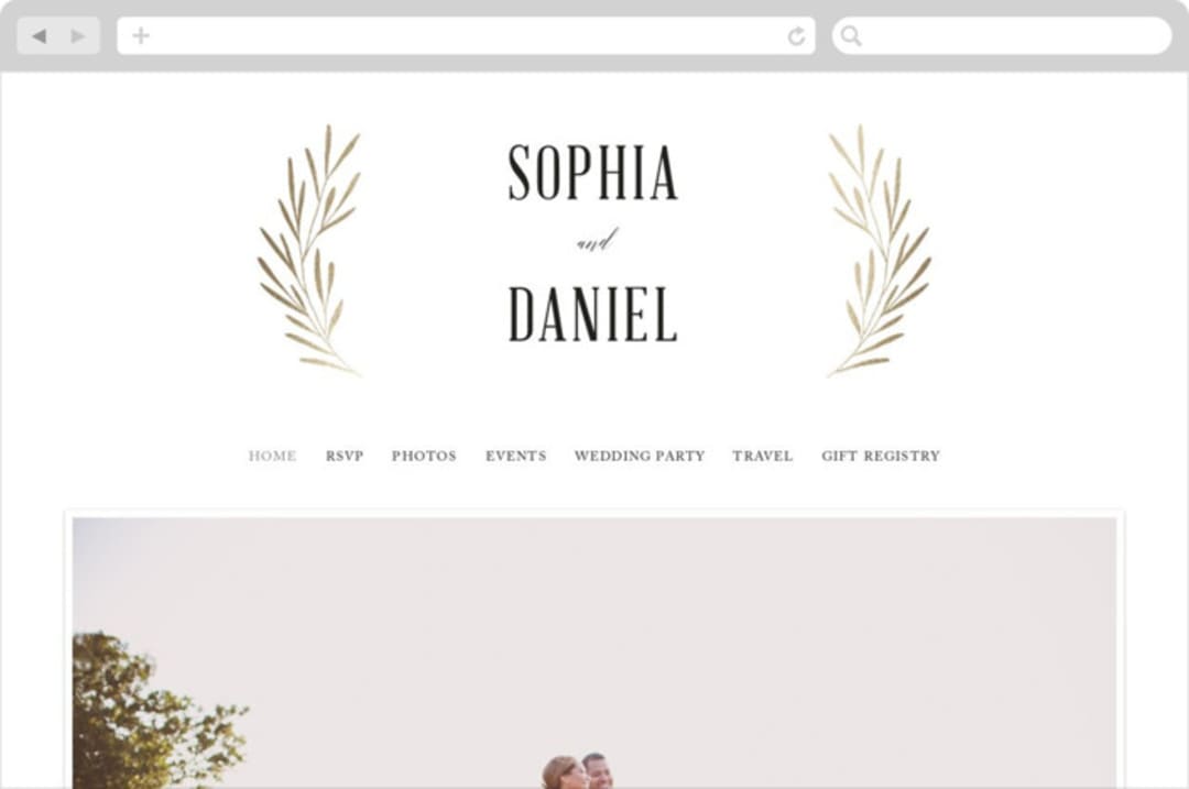 "Gilded Leaves" - Wedding Website in Classic White by Kelly Schmidt - Desktop Design