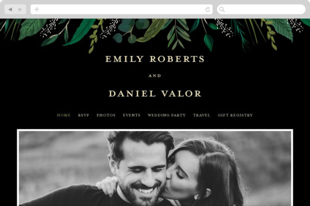 "Emerald Leaves" - Wedding Website in Midnight by Susan Moyal - Desktop Design