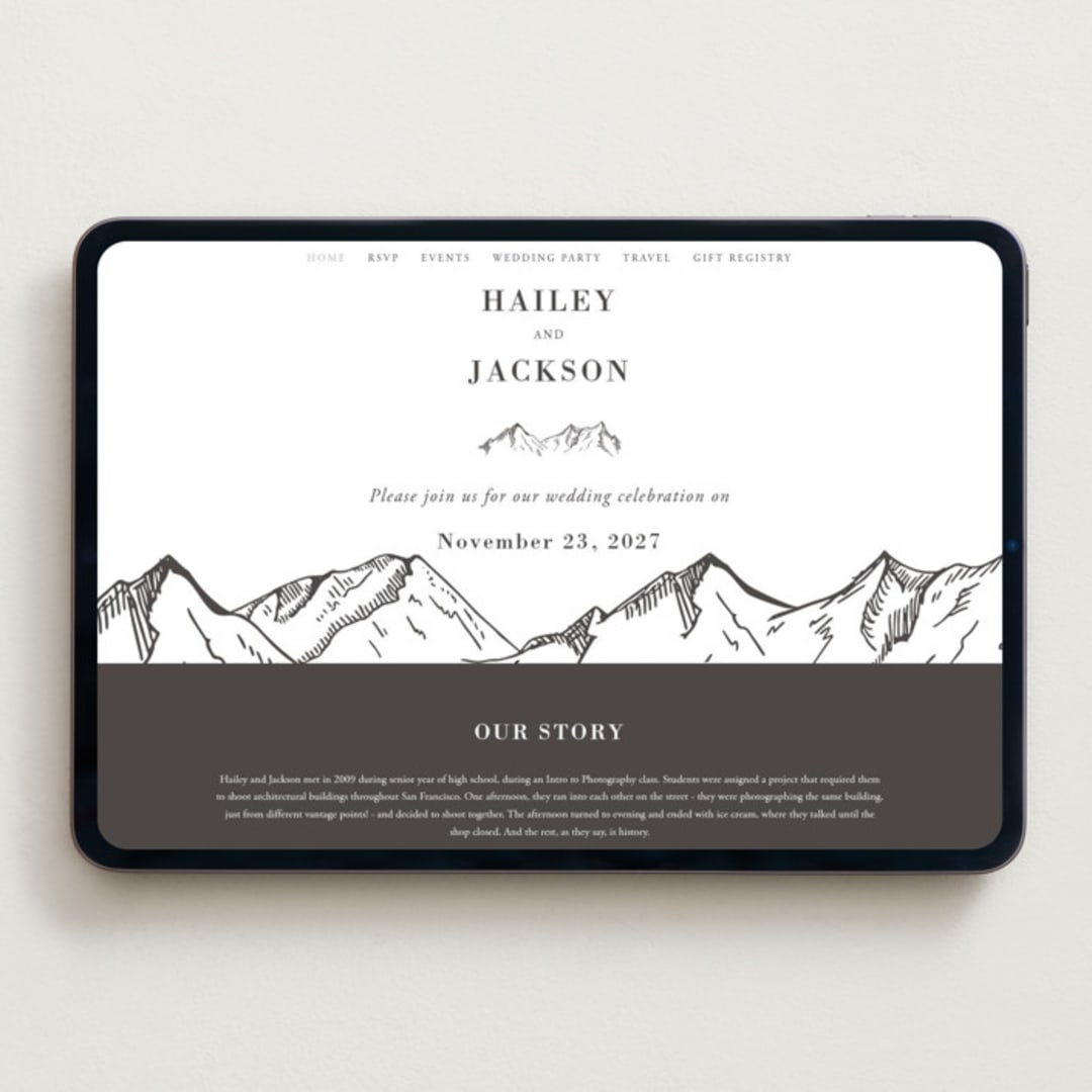 "Etched Mountain" - Wedding Website in Soft Black by Winston Latchman - Desktop Design