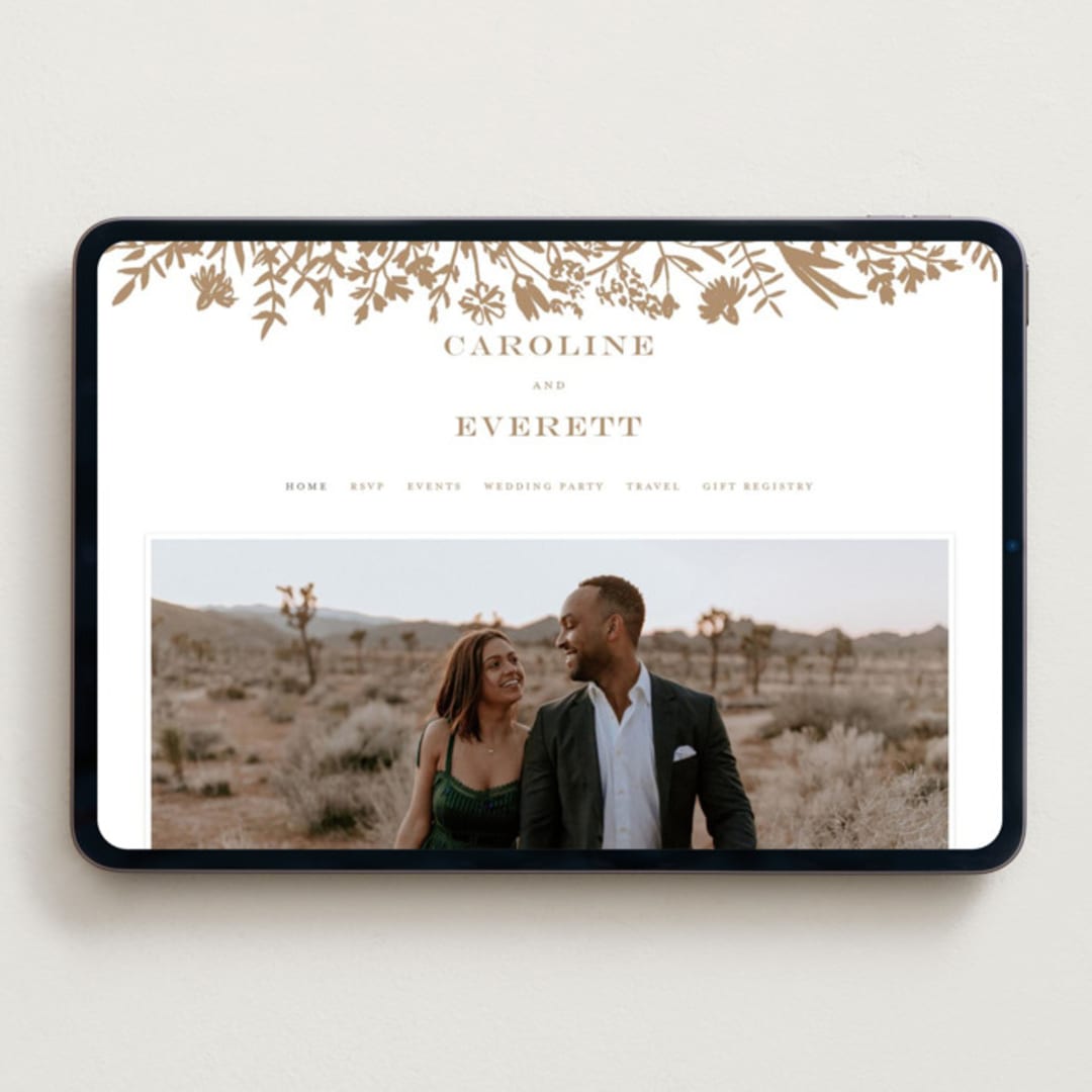 "Morning Fields" - Wedding Website in Matte Gold by Amy Kross - Desktop Design
