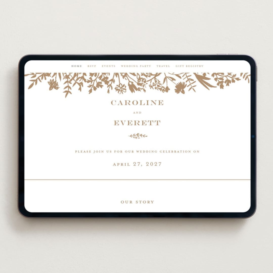 "Morning Fields" - Wedding Website in Matte Gold by Amy Kross - Desktop Design