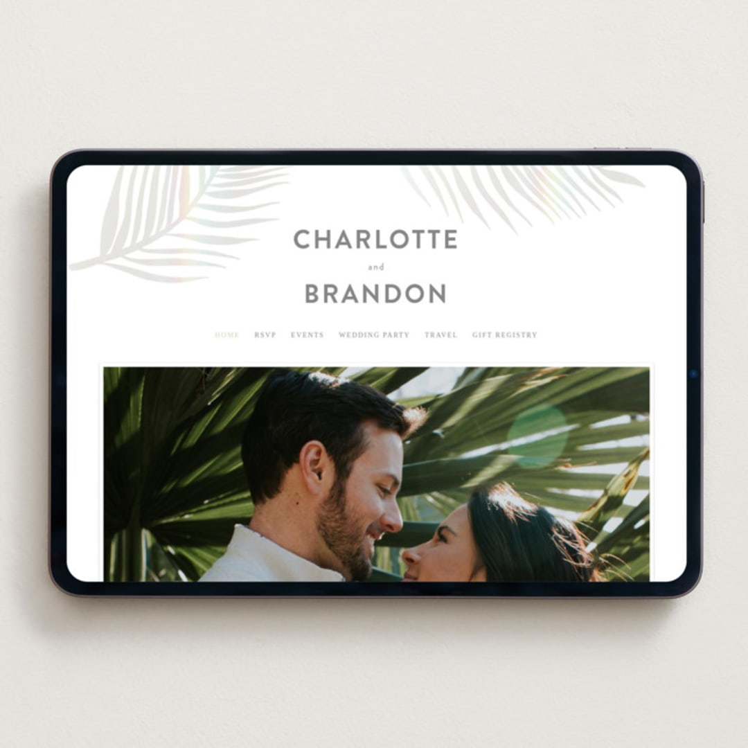 "Palm Vibes" - Wedding Website in Porcelain by Pixel and Hank - Desktop Design