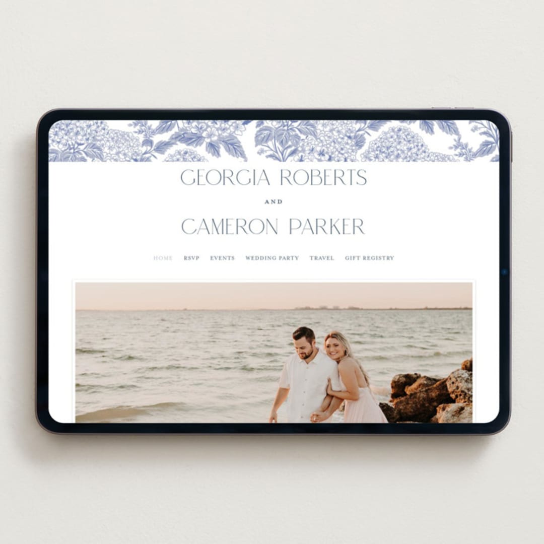 "Coastal Toile" - Wedding Website in Periwinkle by Jenna Holcomb - Desktop Design