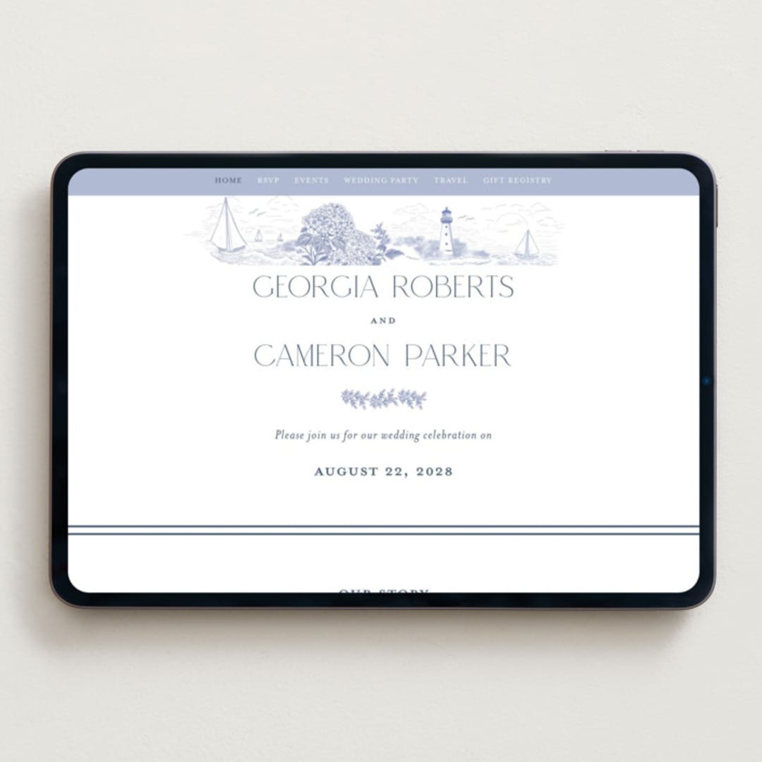 "Coastal Toile" - Wedding Website in Periwinkle by Jenna Holcomb - Desktop Design