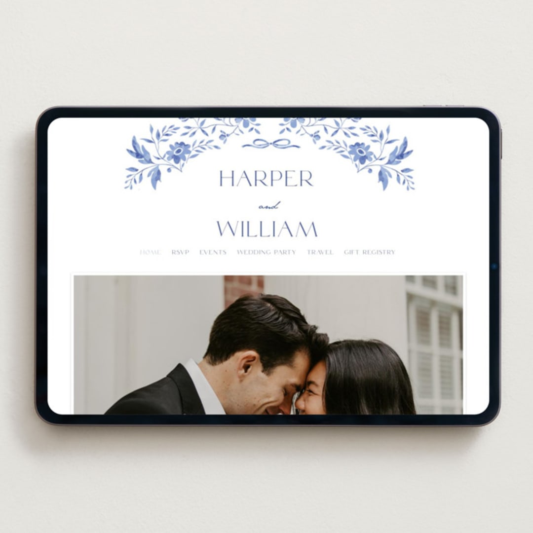 "Daisy Toile" - Wedding Website in Blue Willow by Susan Zinader - Desktop Design