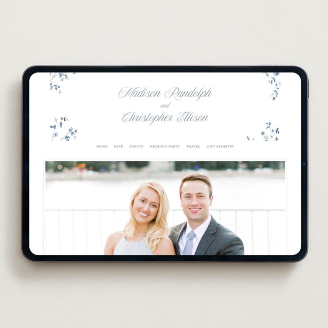 "Wildflower Corners" - Wedding Website in Bluebell by Everett Paper Goods - Desktop Design