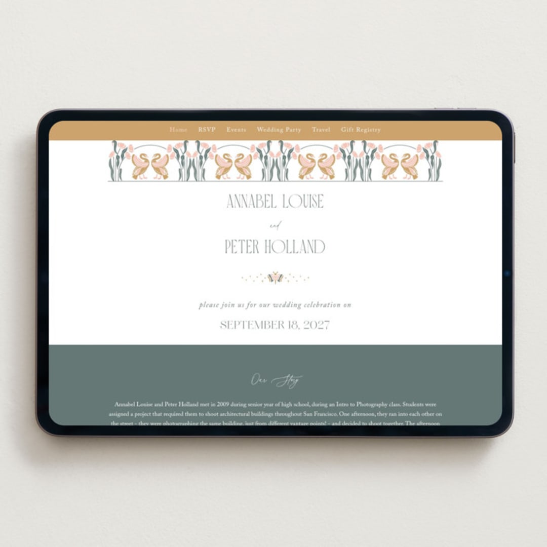"Nouveau Swans" - Wedding Website in Nouveau Swans by Olivia Raufman - Desktop Design