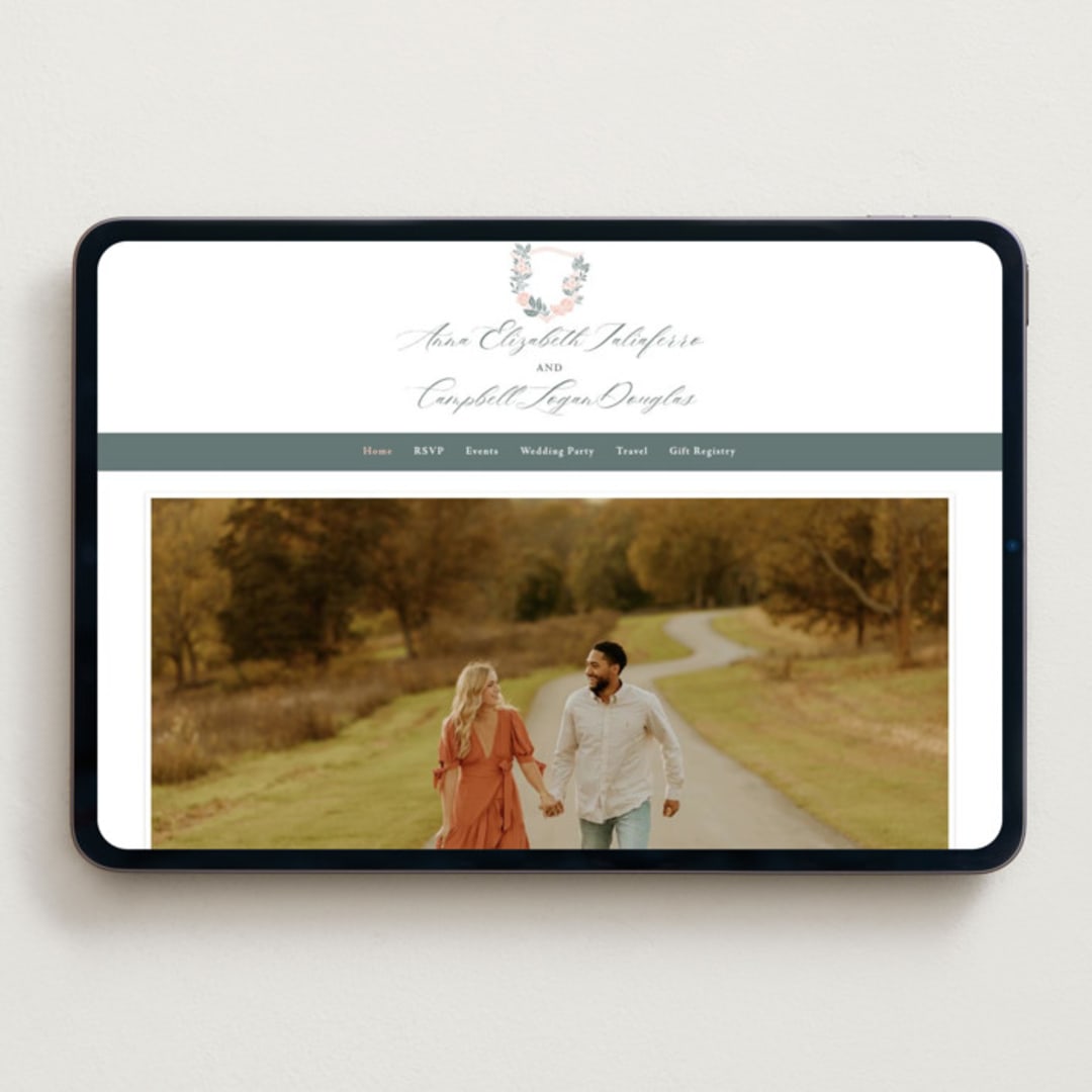 "Flourishing Crest" - Wedding Website in Stone by Olivia Raufman - Desktop Design
