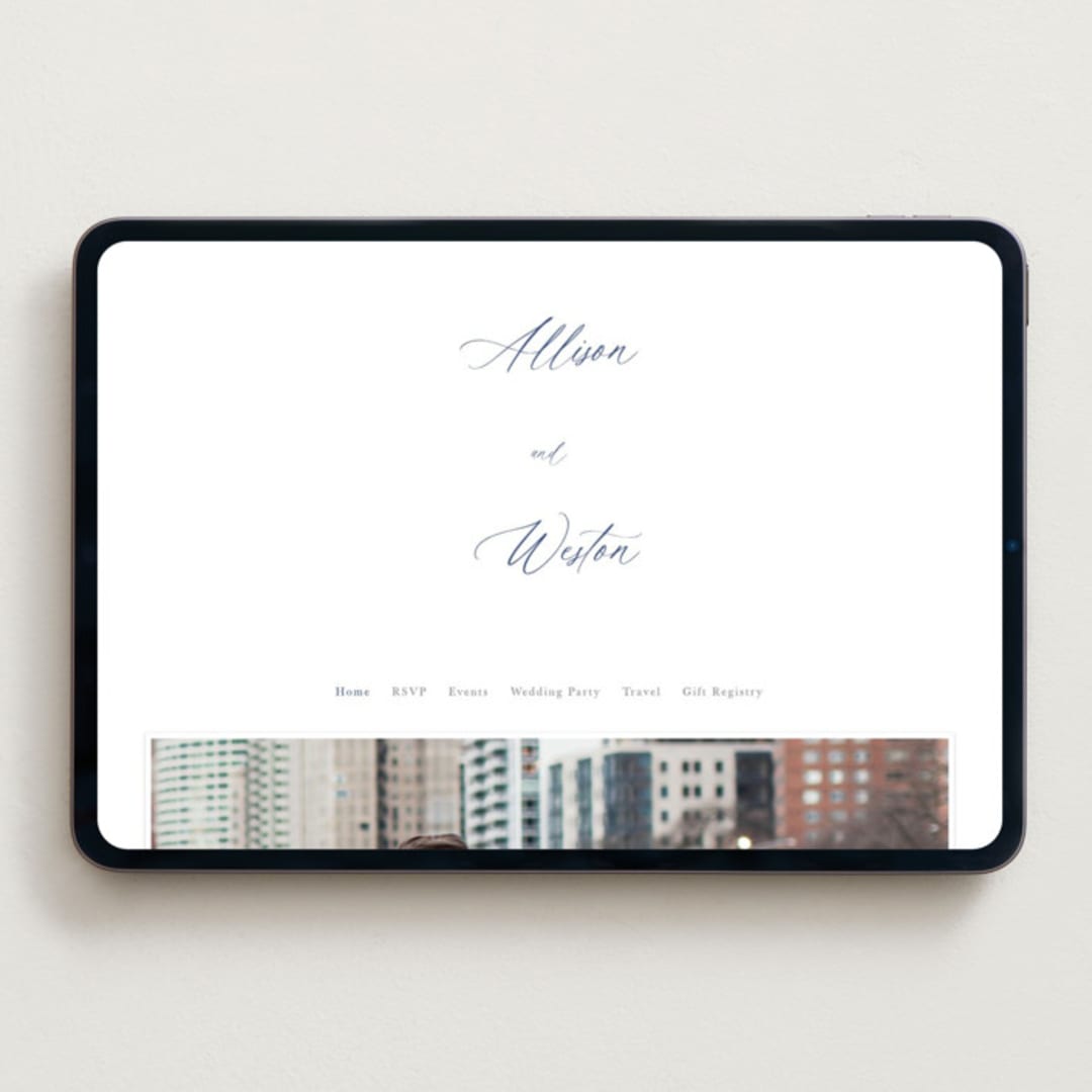 "Statement Names" - Wedding Website in Lapis by Hooray Creative - Desktop Design