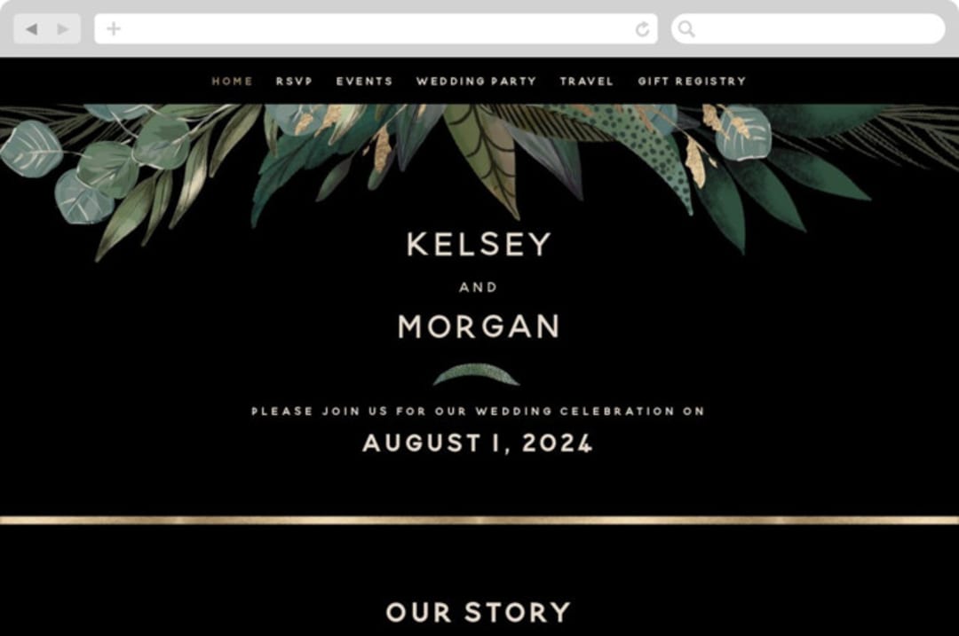 "Shades of Green" - Wedding Website in Midnight by Susan Moyal - Desktop Design