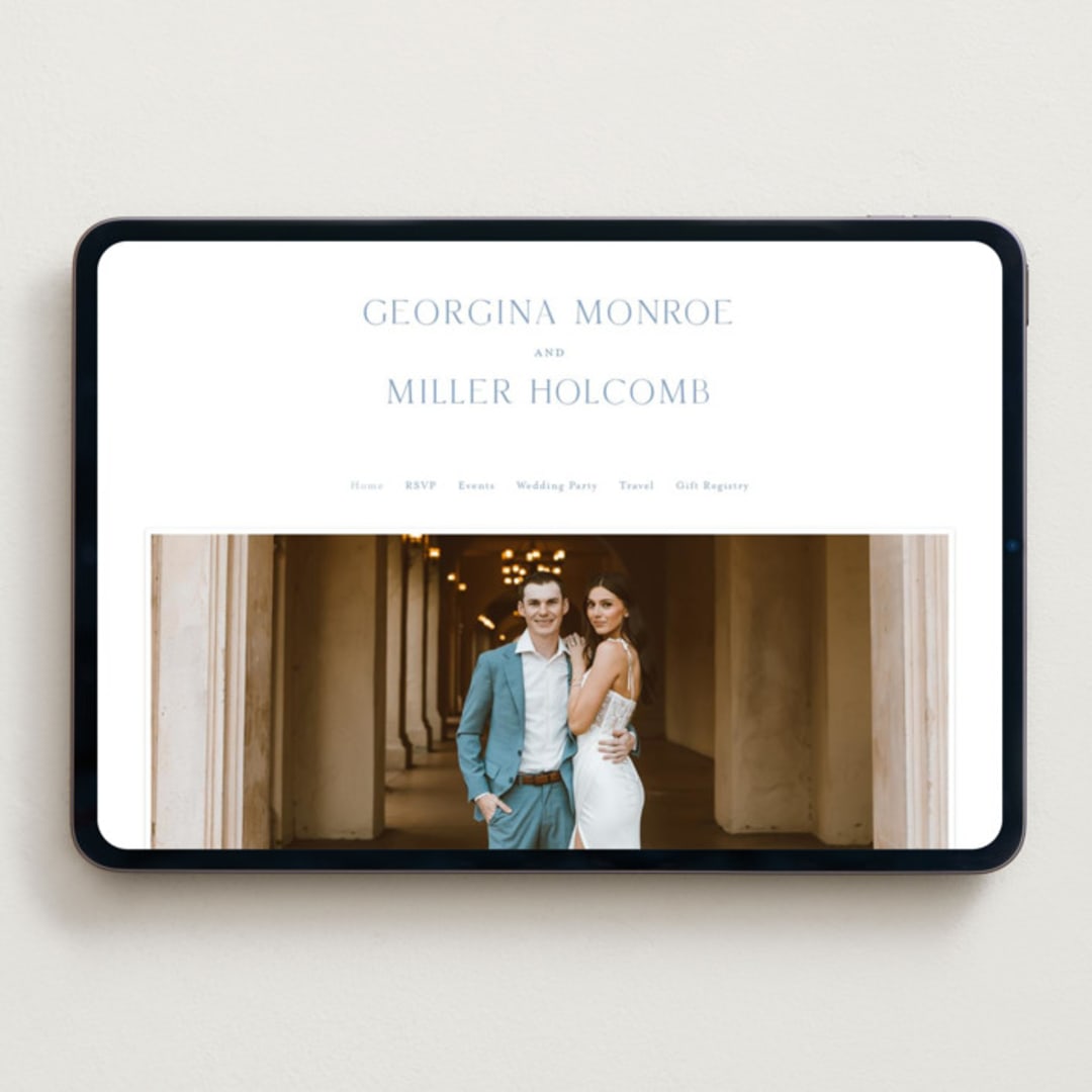 "Modern Air" - Wedding Website in Provincial Blue by Stacey Meacham - Desktop Design
