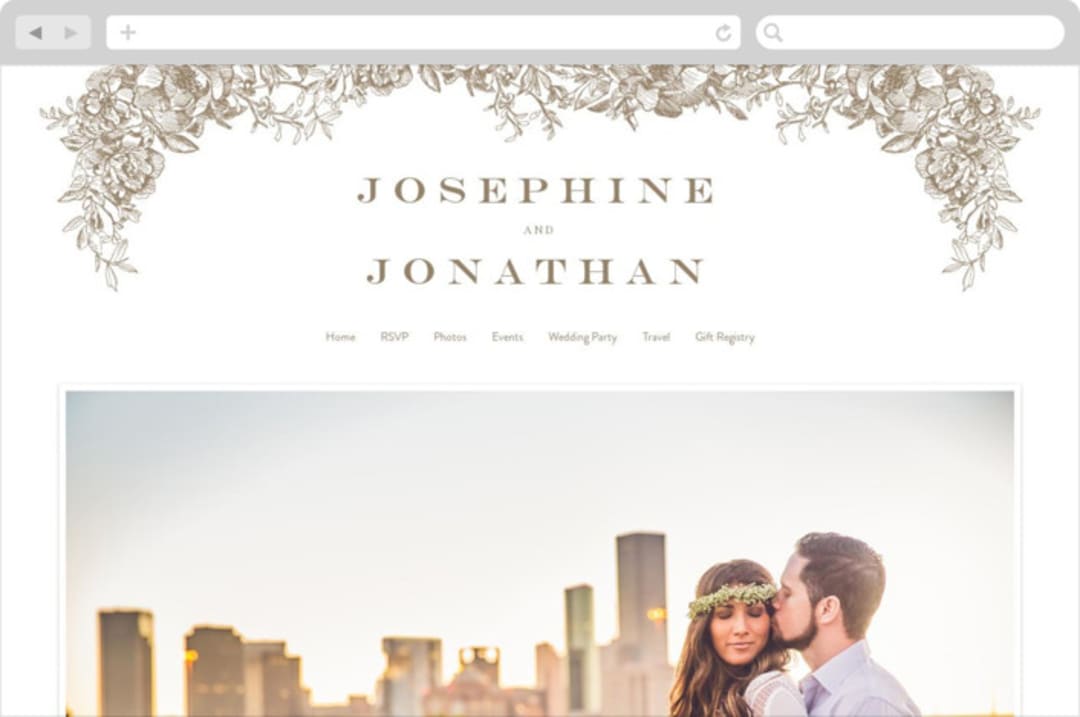 "Engraved Flowers" - Wedding Website in Latte by Phrosné Barwood - Desktop Design