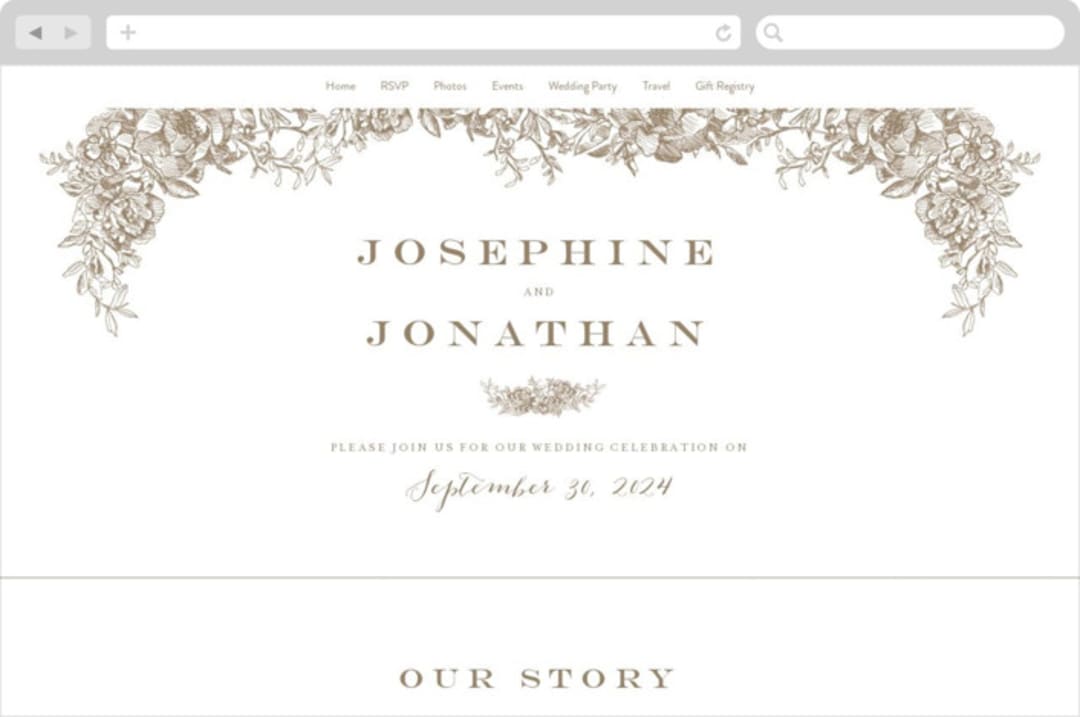 "Engraved Flowers" - Wedding Website in Latte by Phrosné Barwood - Desktop Design
