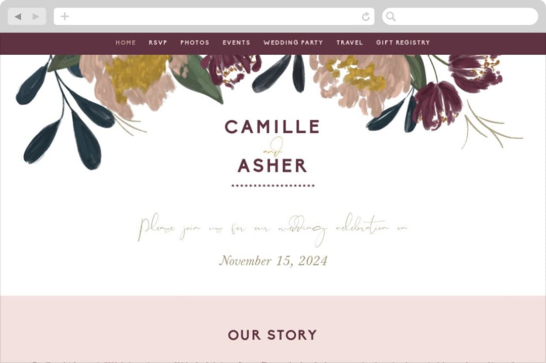 "Wild Peonies" - Wedding Website in Blush by Cindy Reynolds - Desktop Design