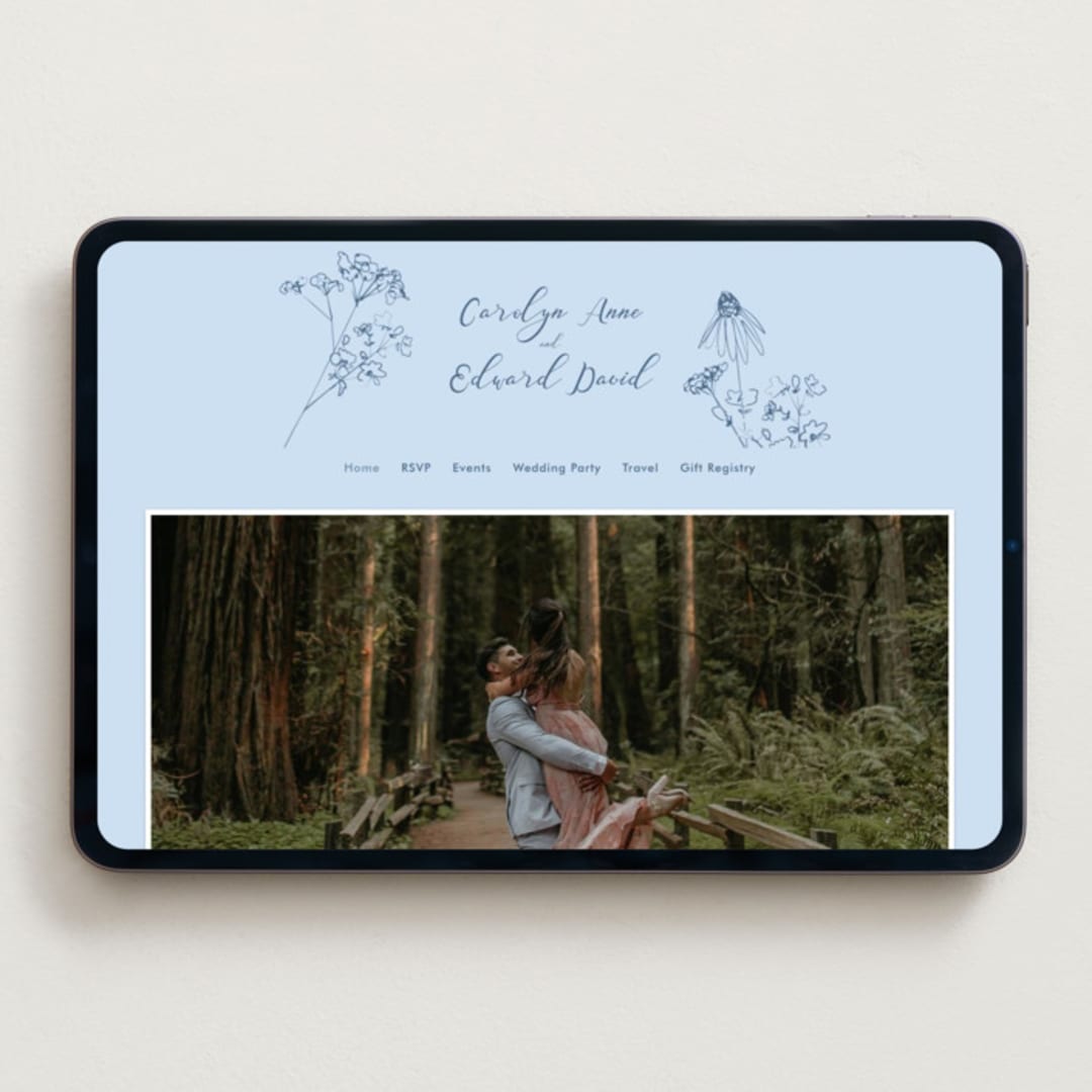 "Sketched Florals" - Wedding Website in Cornflower by Baumbirdy - Desktop Design