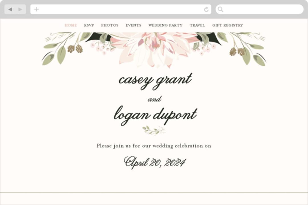 "Petal Surround" - Wedding Website in Blush & Gold by Susan Moyal - Desktop Design