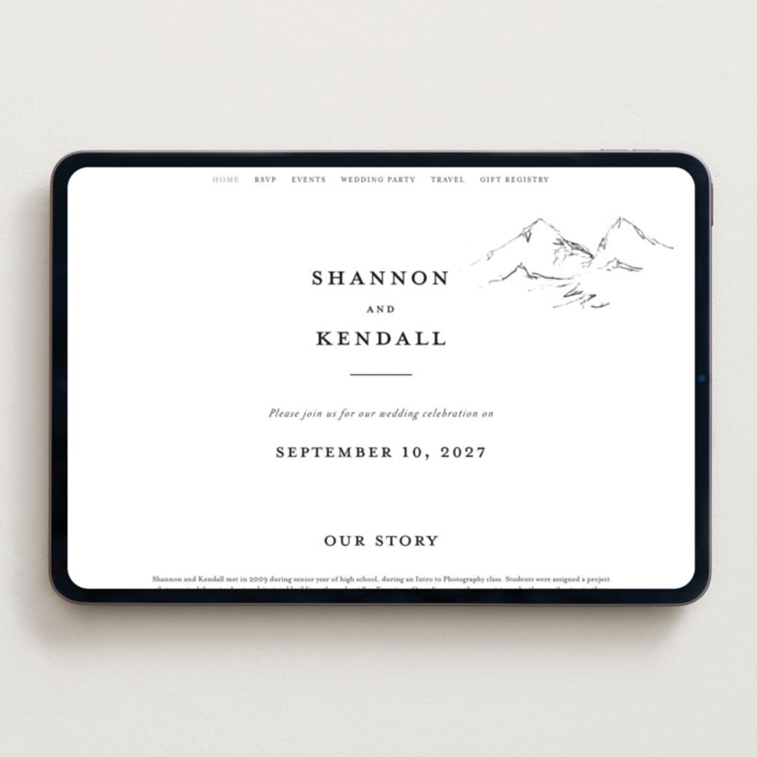 "Sketched Mountains" - Wedding Website in Snow by Mere Paper - Desktop Design