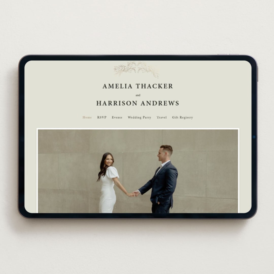 "Foil Botanical Frame" - Wedding Website in Taupe by Hannah Williams - Desktop Design