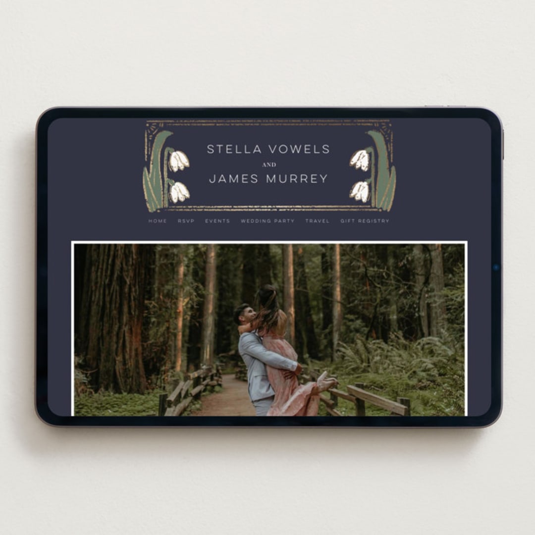 "Deco Spring Florals" - Wedding Website in Navy by Shiny Penny Studio - Desktop Design