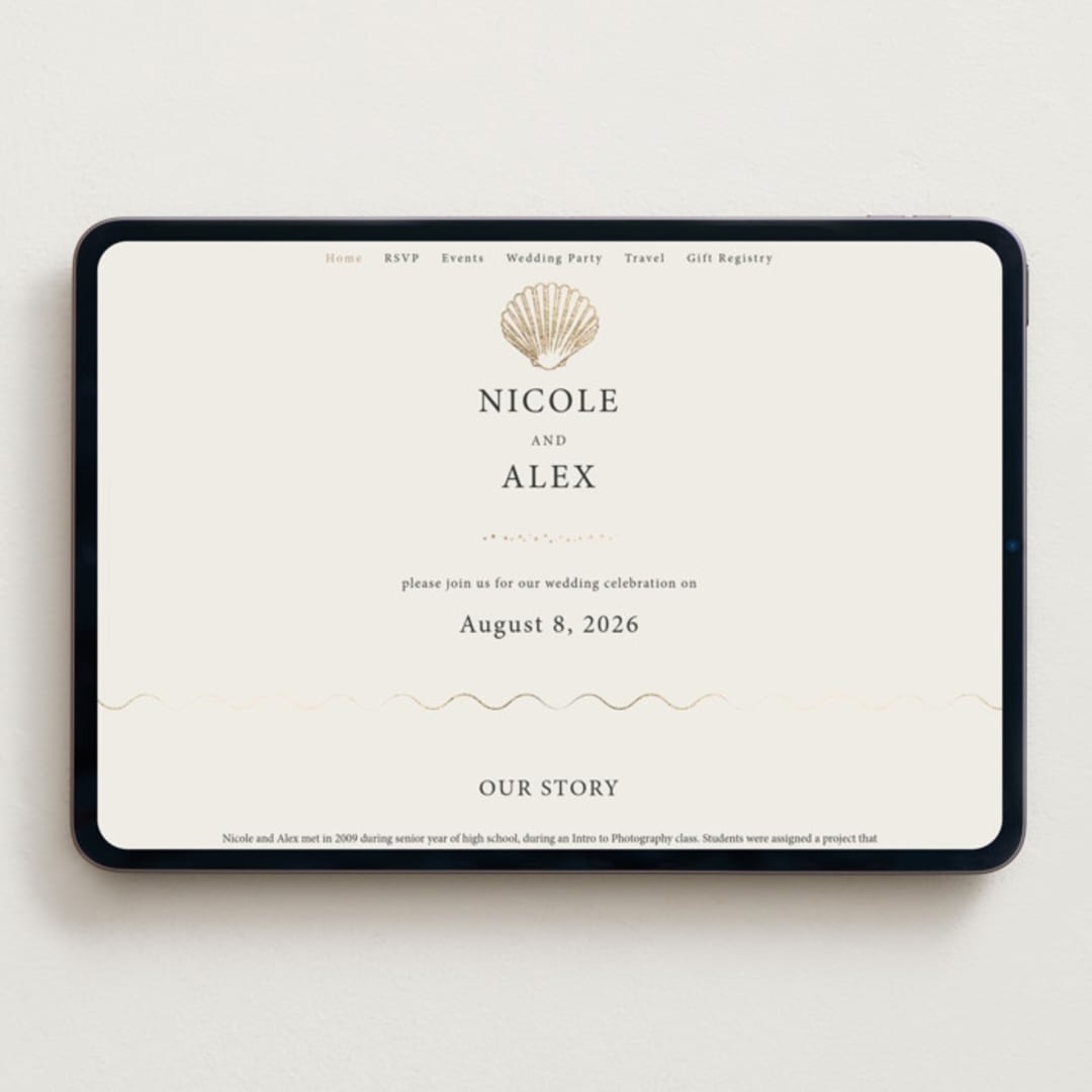 "Simple Seashell" - Wedding Website in Sand by Hannah Bowman - Desktop Design