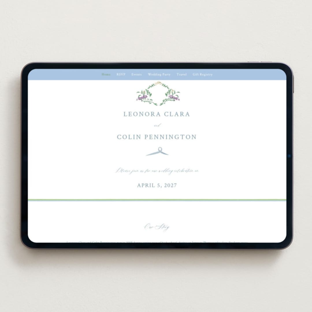 "Vintage Whimsy" - Wedding Website in Bluebell by Corinne Malesic - Desktop Design