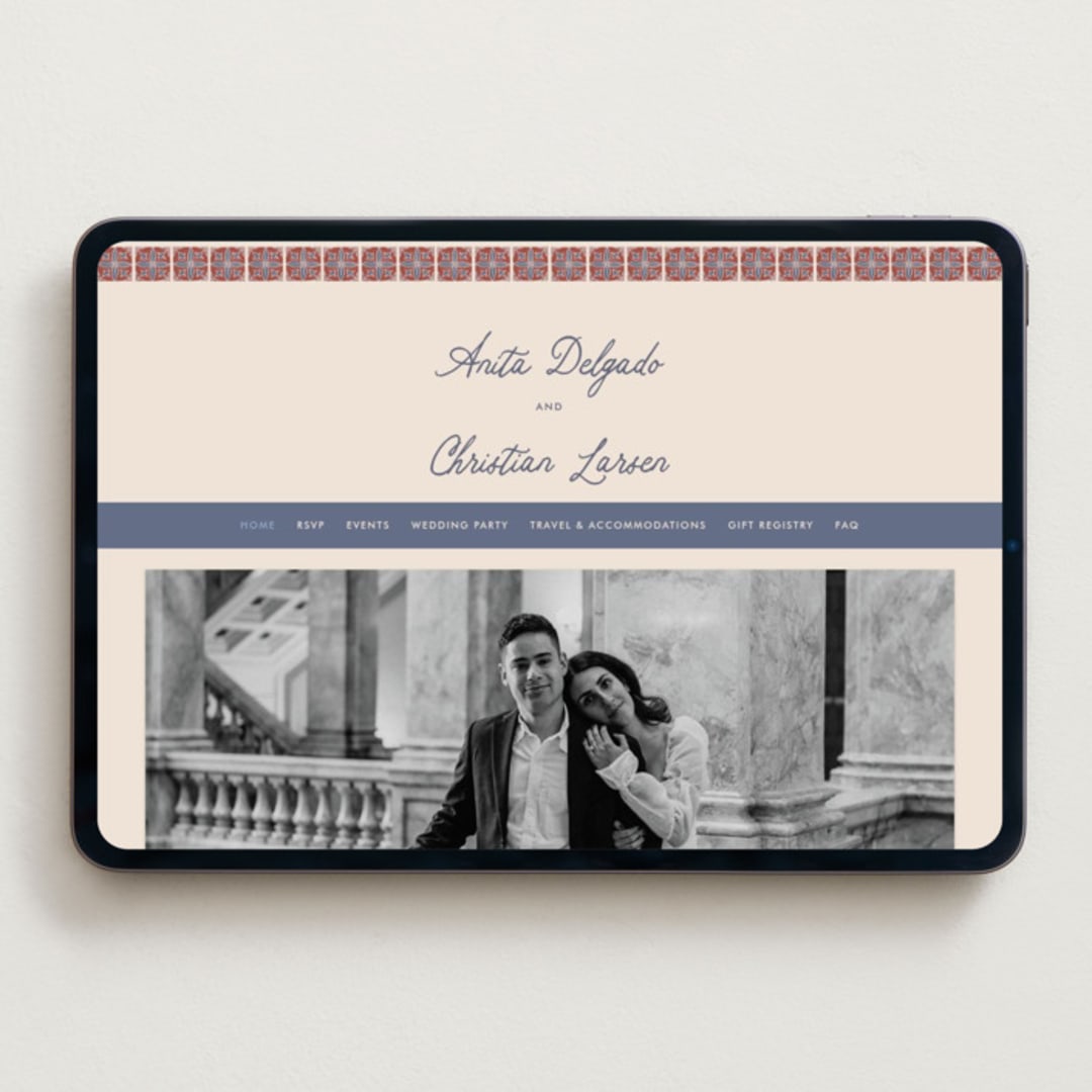 "Block Print Tile" - Wedding Website in Terracotta by Katharine Watson - Desktop Design