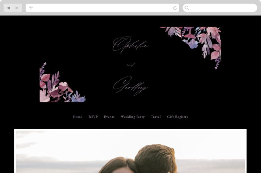 "Romantic Florals" - Wedding Website in Violet by Hooray Creative - Desktop Design