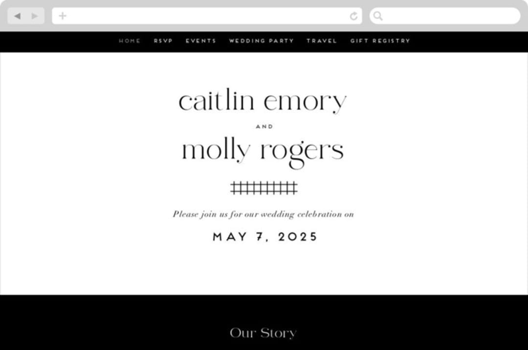 "Split Line" - Wedding Website in Black Tie by Amy Payne - Desktop Design