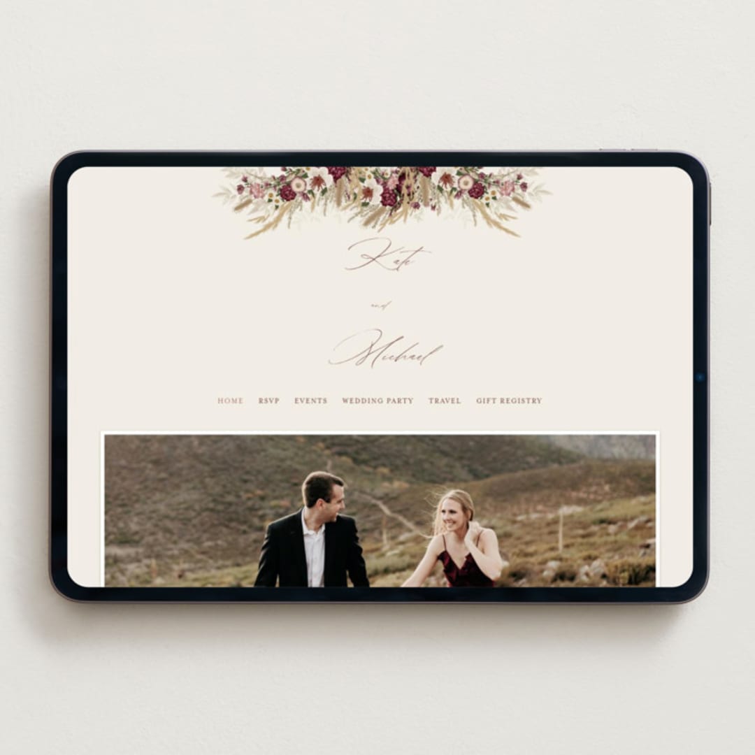"Dried Floral Wreath" - Wedding Website in Cabernet by Erin Deegan - Desktop Design