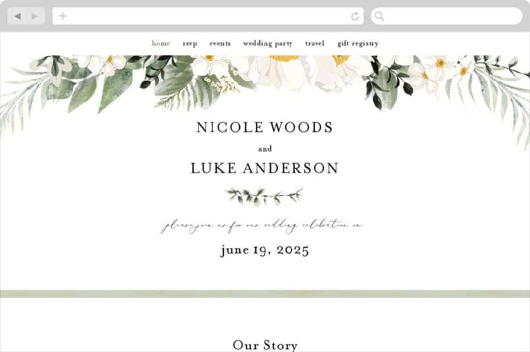 "Botanical Swag" - Wedding Website in Spring by Susan Moyal - Desktop Design
