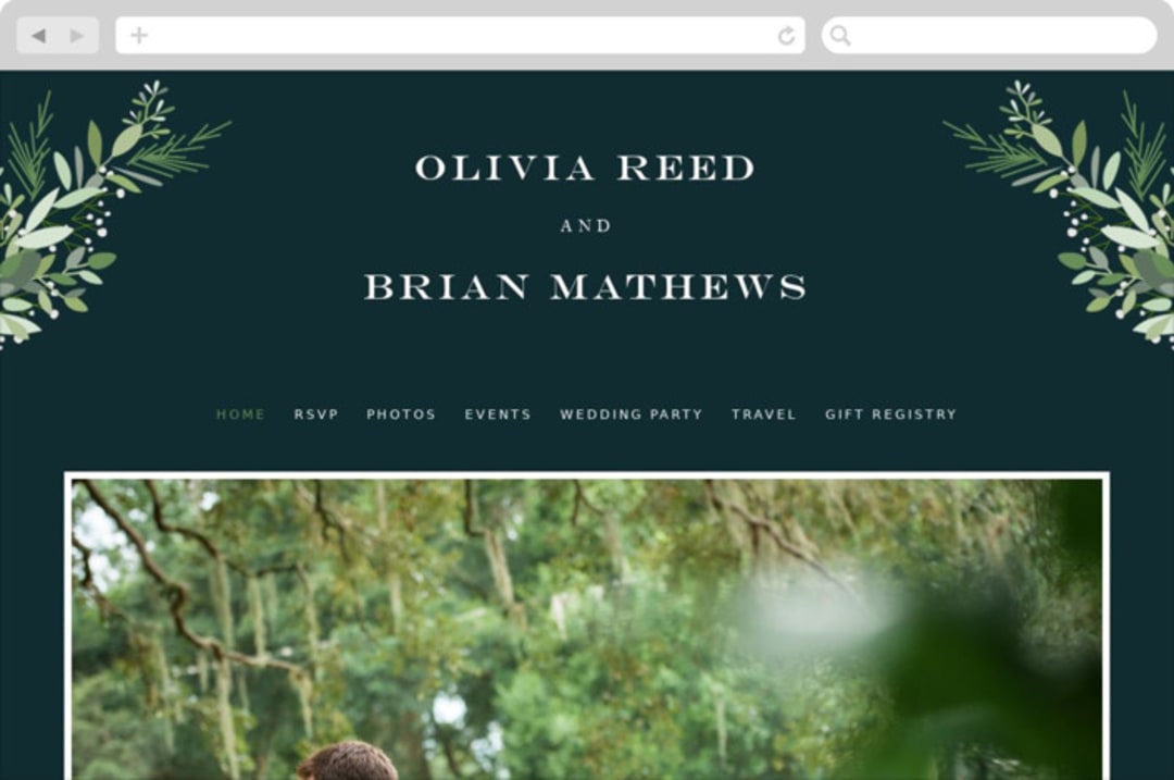 "Fresh Greenery" - Wedding Website in Mystic Forest by Jennifer Postorino - Desktop Design