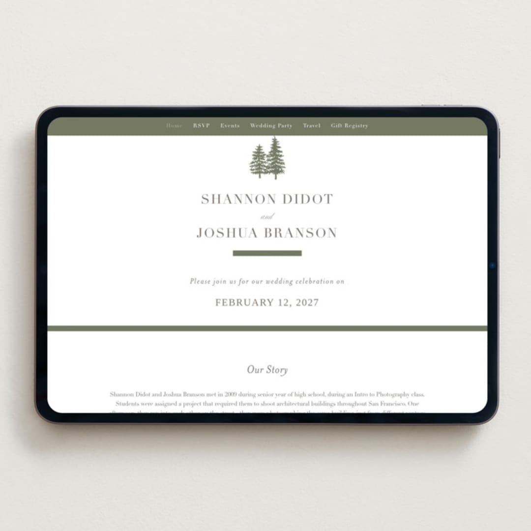 "Evergreens" - Wedding Website in Moss by Itsy Belle Studio - Desktop Design