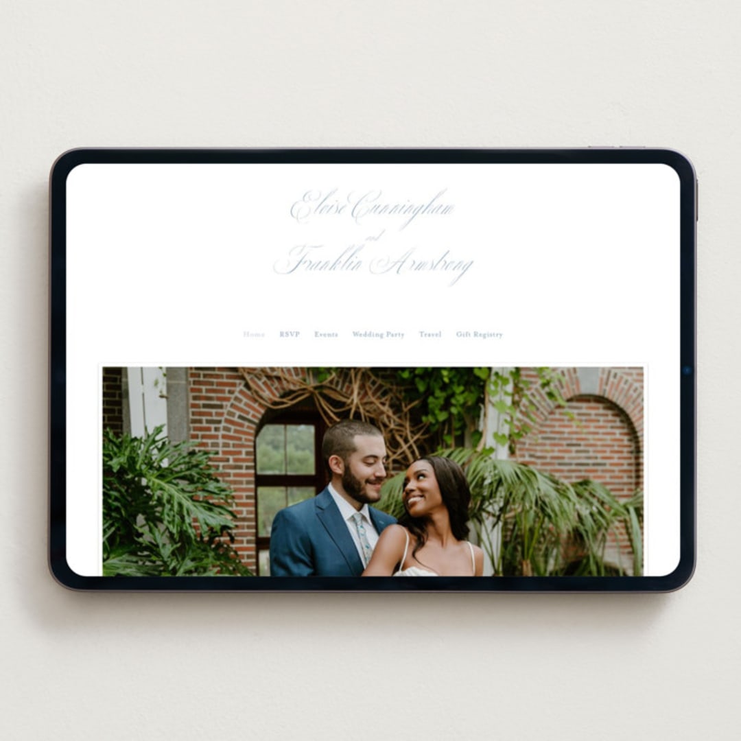 "Simple Formality" - Wedding Website in Provvincial Blue by Everett Paper Goods - Desktop Design