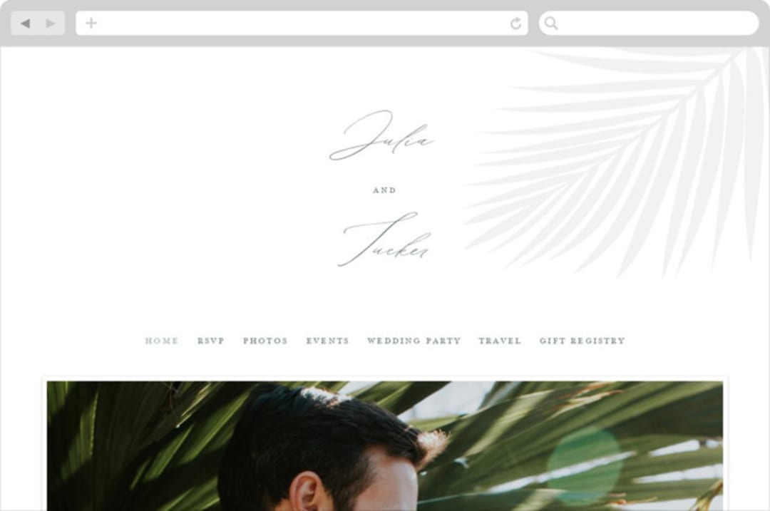 "Faded Palm" - Wedding Website in Stone by Lauren Chism - Desktop Design
