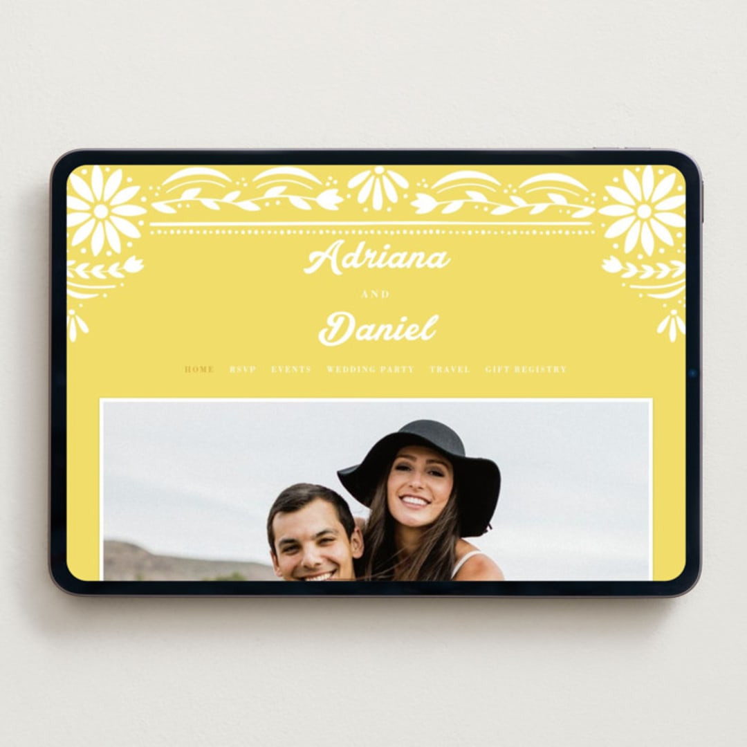 "Pretty Picado" - Wedding Website in Sunshine by Jessie Steury - Desktop Design
