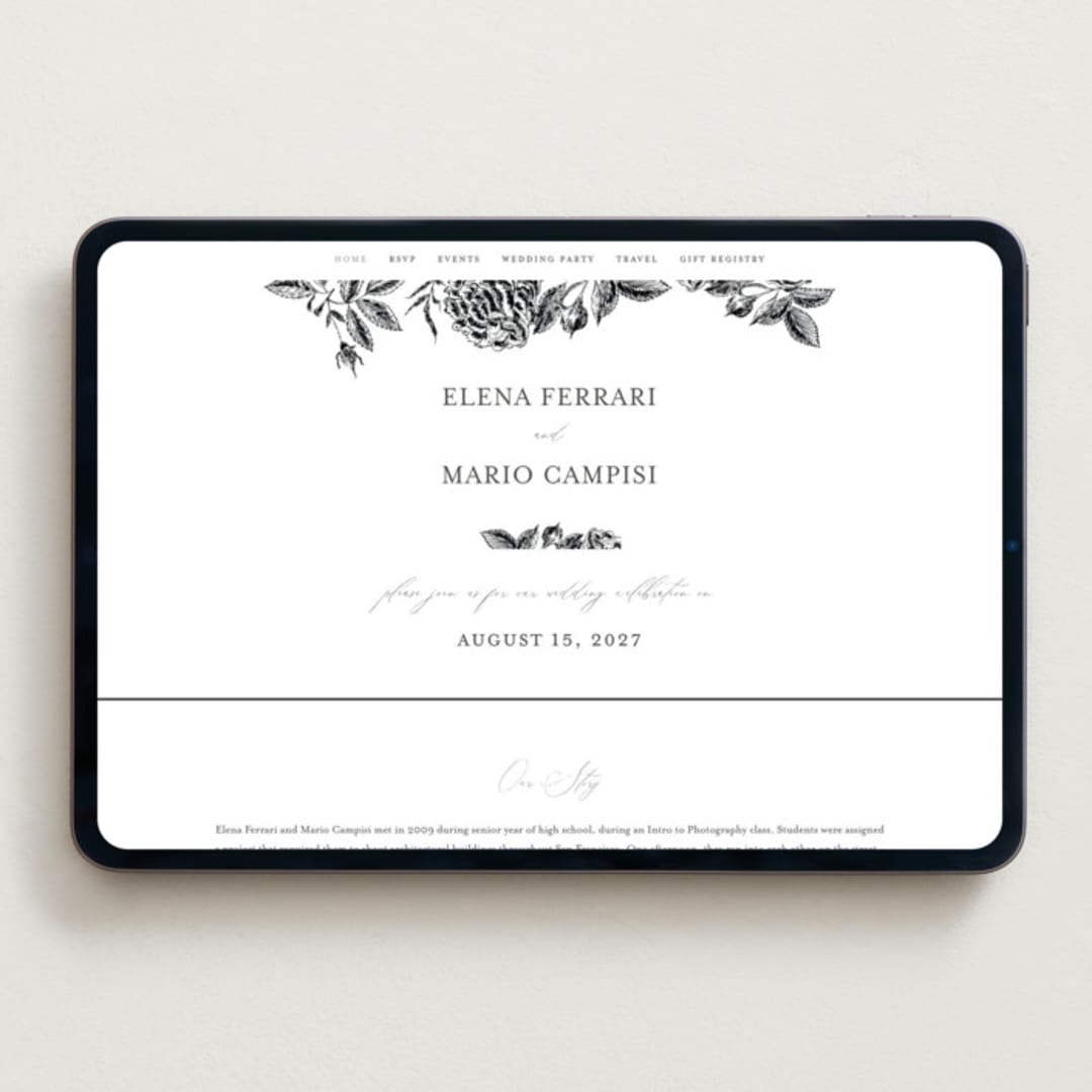 "Etchings of Roses" - Wedding Website in Soft Black by Chris Griffith - Desktop Design