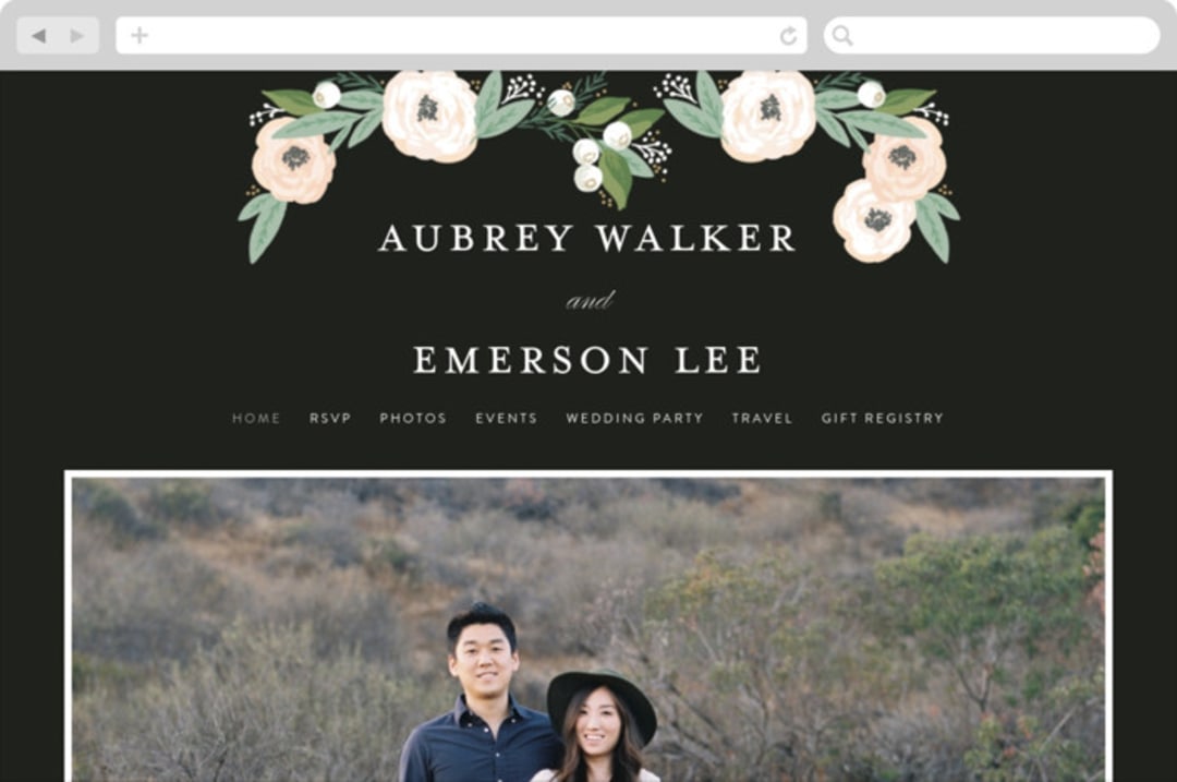 "Blooming Bouquet" - Wedding Website in Charcoal by Alethea and Ruth - Desktop Design