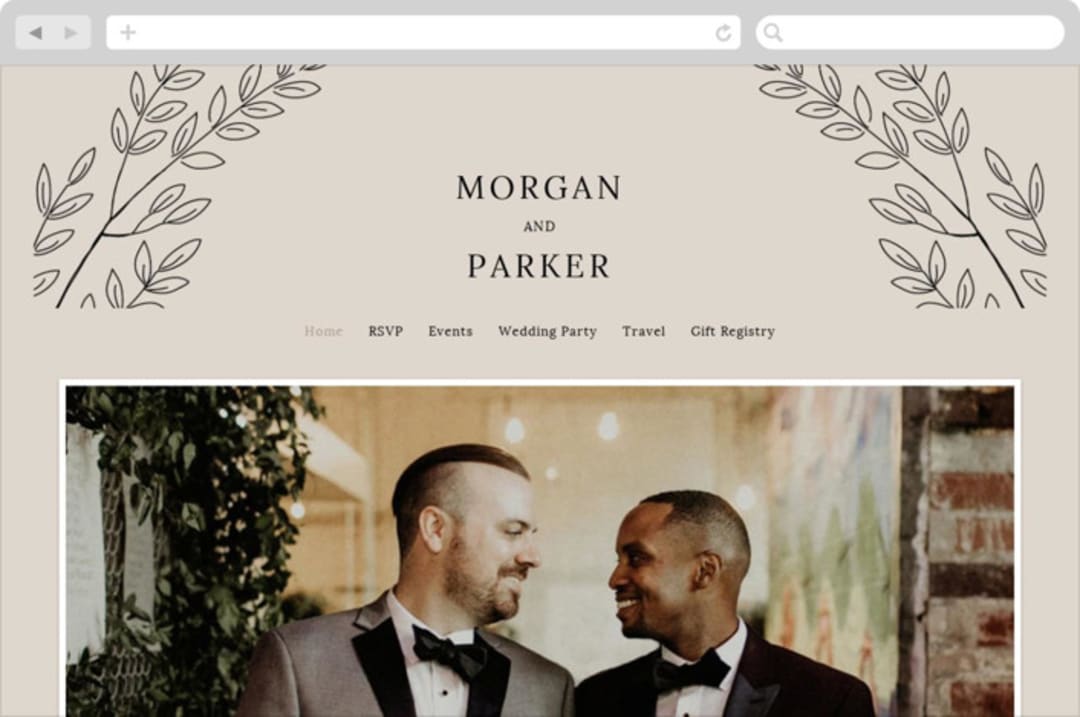 "leafy wreath" - Wedding Website in Taupe by Ghazal Ali - Desktop Design