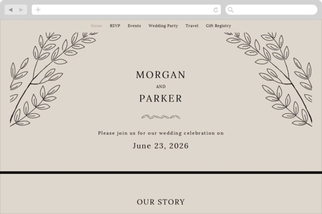 "leafy wreath" - Wedding Website in Taupe by Ghazal Ali - Desktop Design