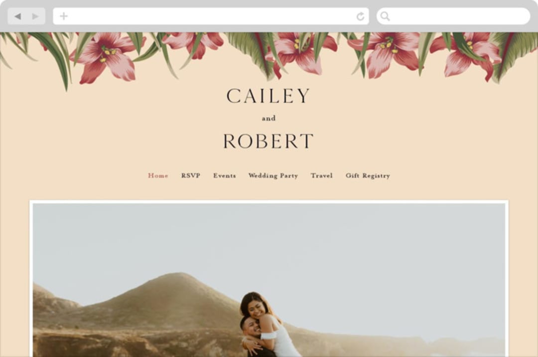 "Tropical Flowers" - Wedding Website in Sunrise by Jennifer Holbrook - Desktop Design