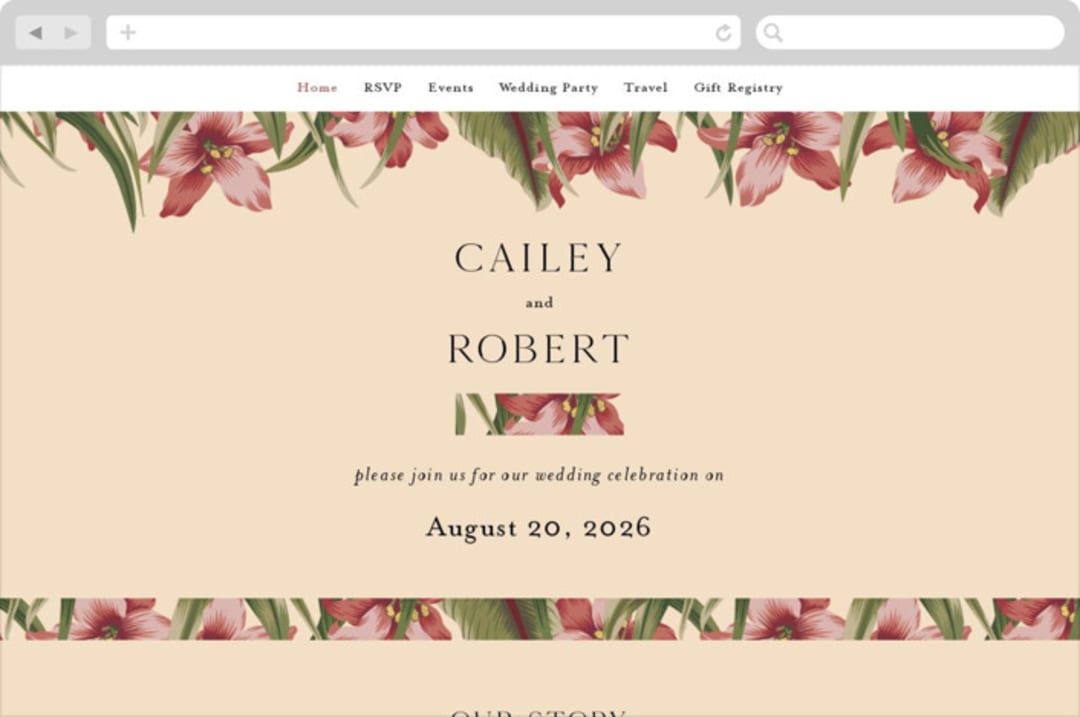 "Tropical Flowers" - Wedding Website in Sunrise by Jennifer Holbrook - Desktop Design