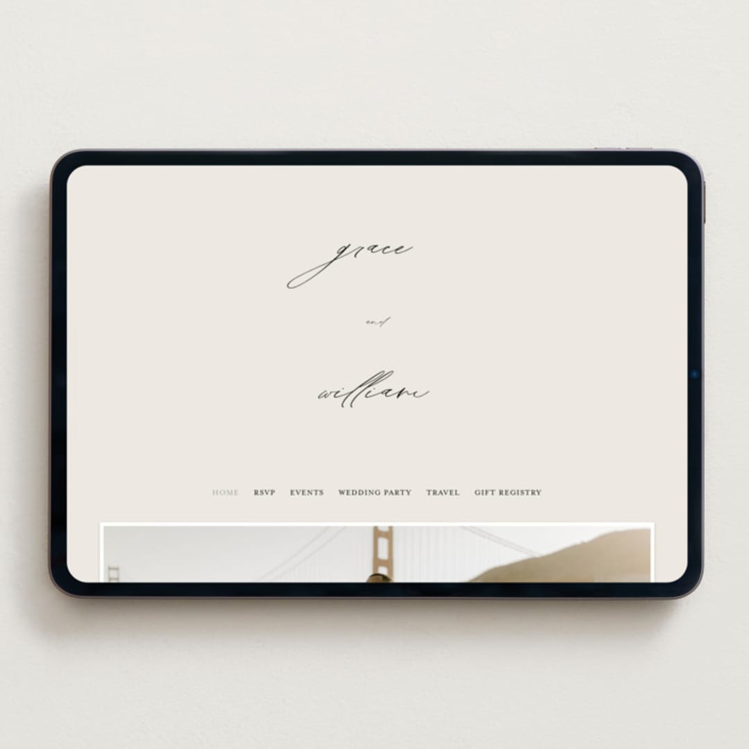"Delicate Script" - Wedding Website in Ivory by Angela Thompson - Desktop Design