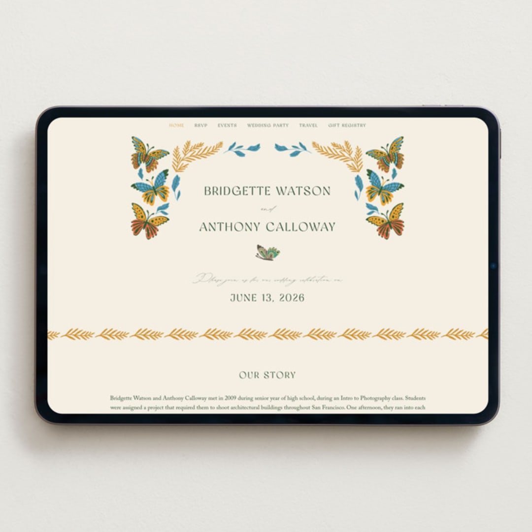 "Flutter" - Wedding Website in Sunset by Jen Owens - Desktop Design