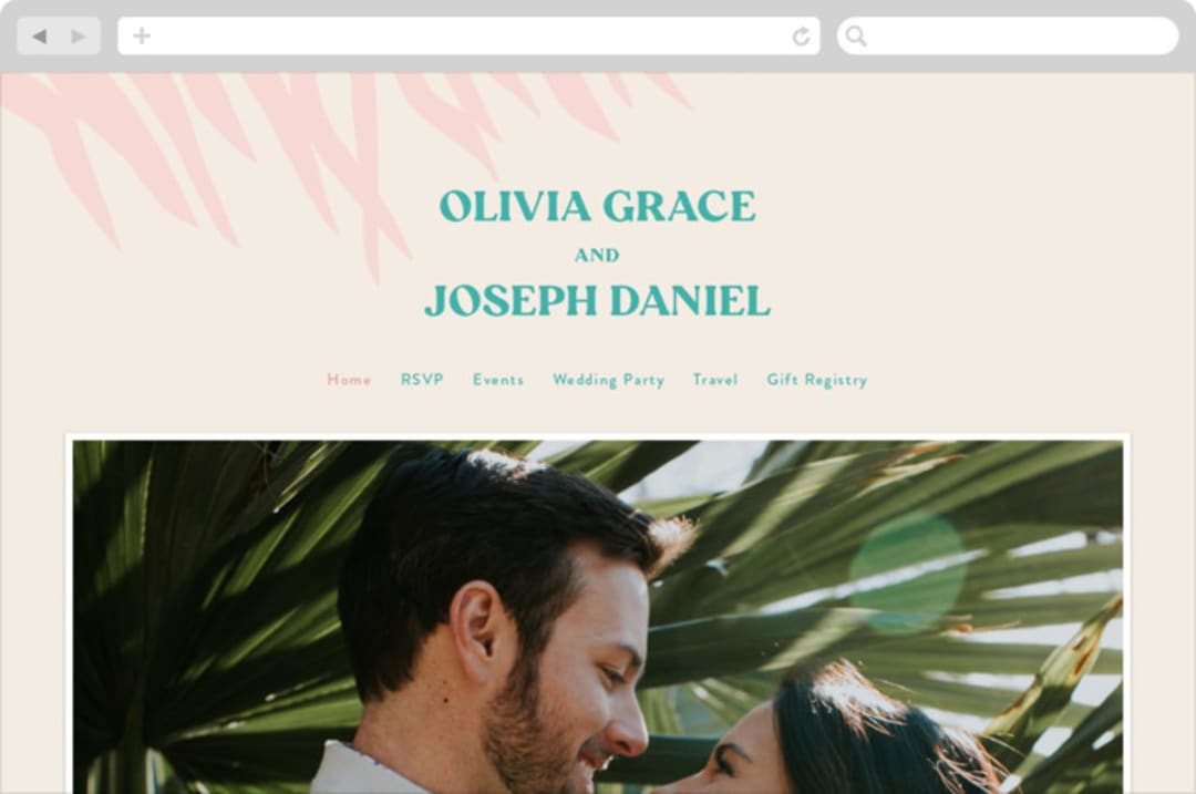 "The Palm" - Wedding Website in Flamingo by Pixel and Hank - Desktop Design