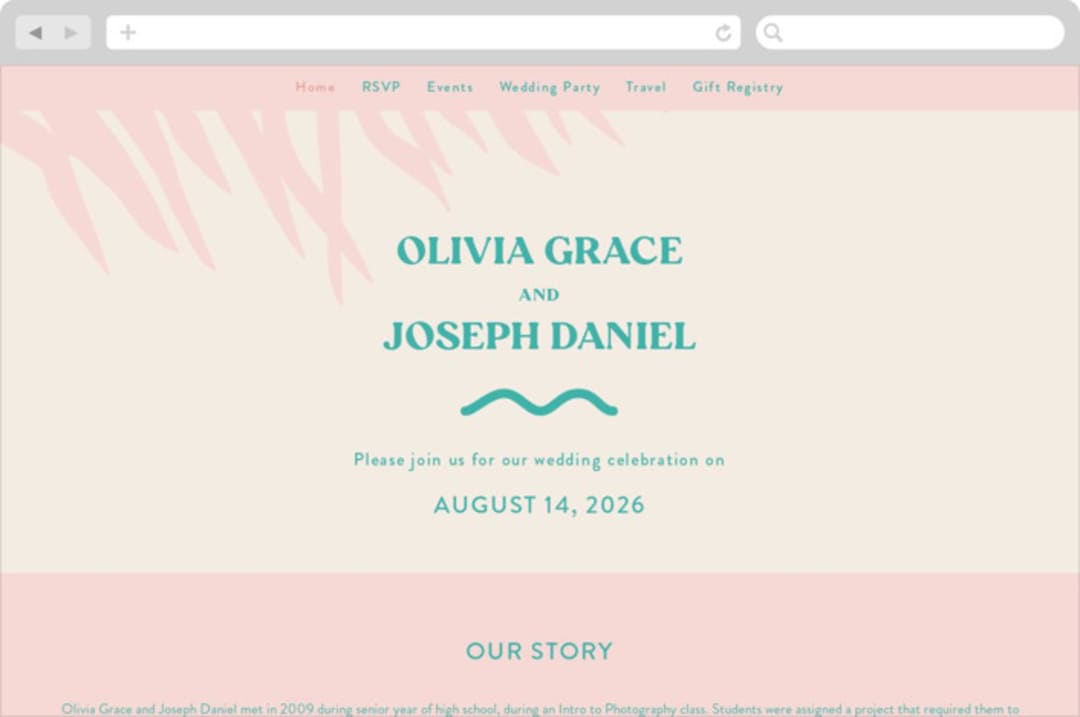 "The Palm" - Wedding Website in Flamingo by Pixel and Hank - Desktop Design