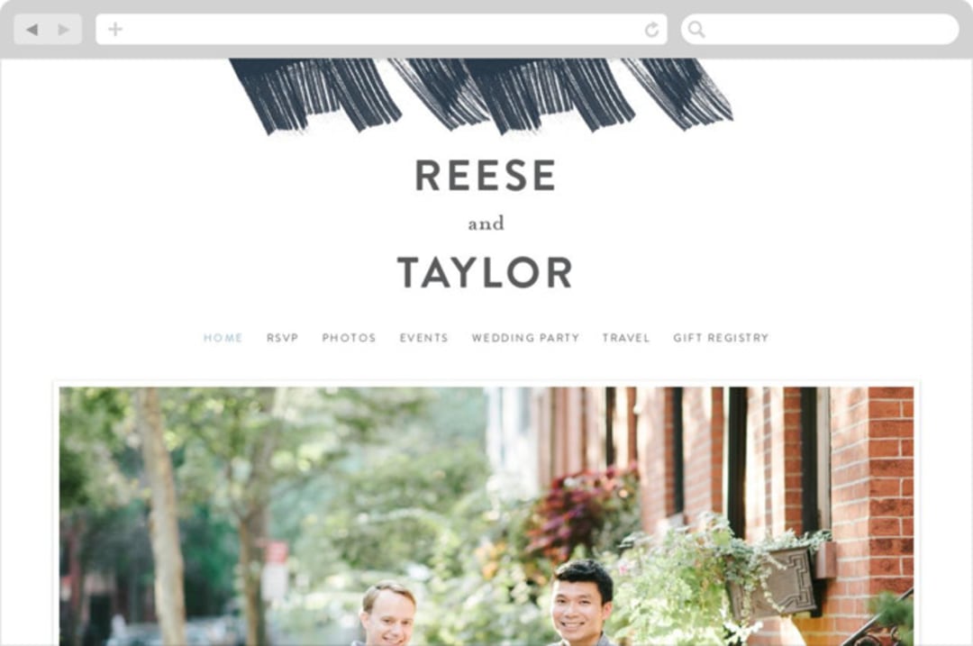 "Modern Brush" - Wedding Website in Steel Blue by Lisa Guerrero - Desktop Design