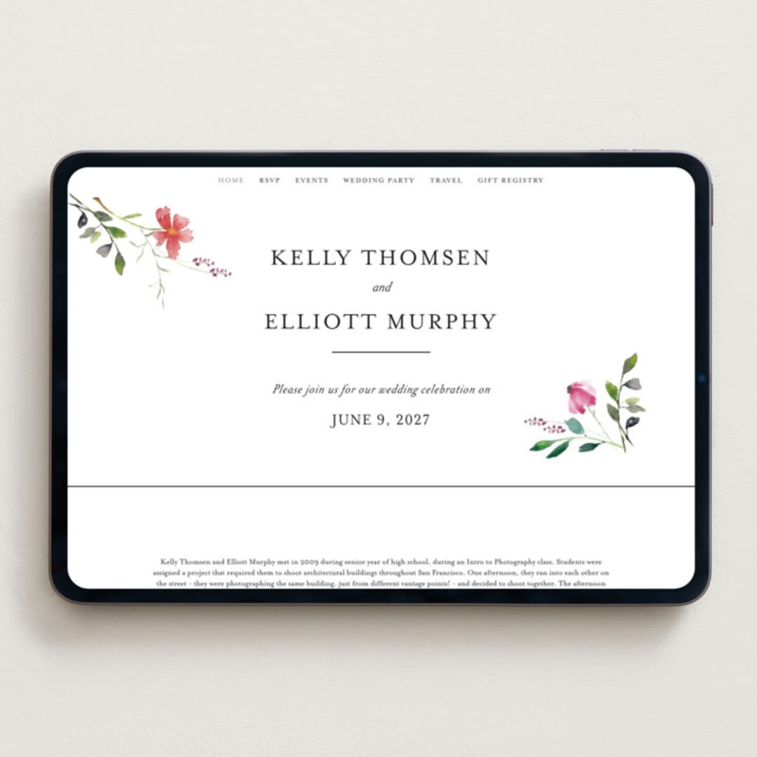 "Spring Wildflowers" - Wedding Website in Pink Floral by Mere Paper - Desktop Design