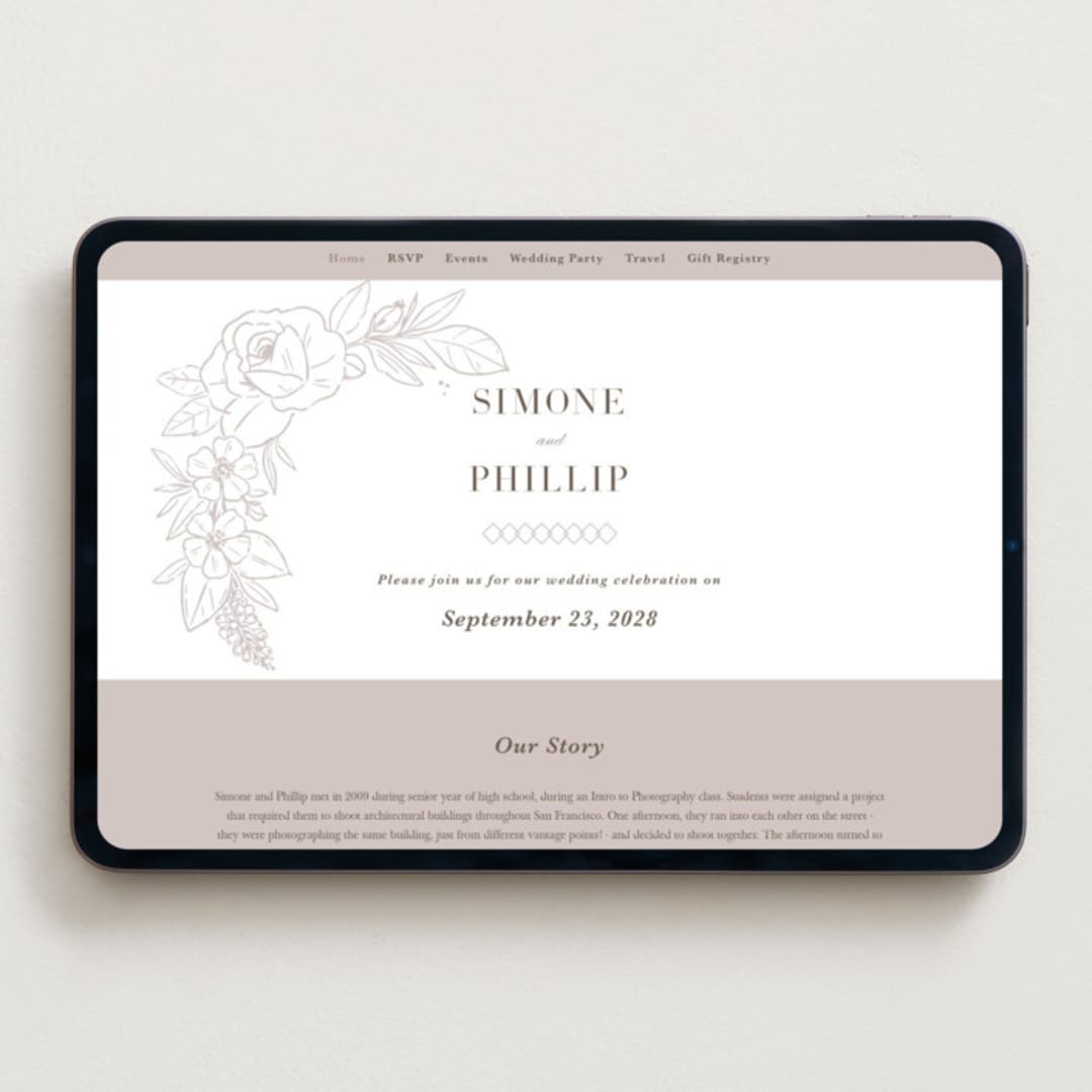 "Sketched Blooms" - Wedding Website in Coffee by Kristen Smith - Desktop Design