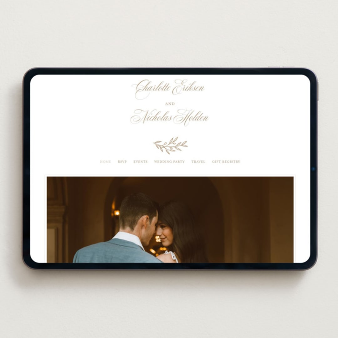 "Vineyard Script" - Wedding Website in Matte Gold by Hooray Creative - Desktop Design