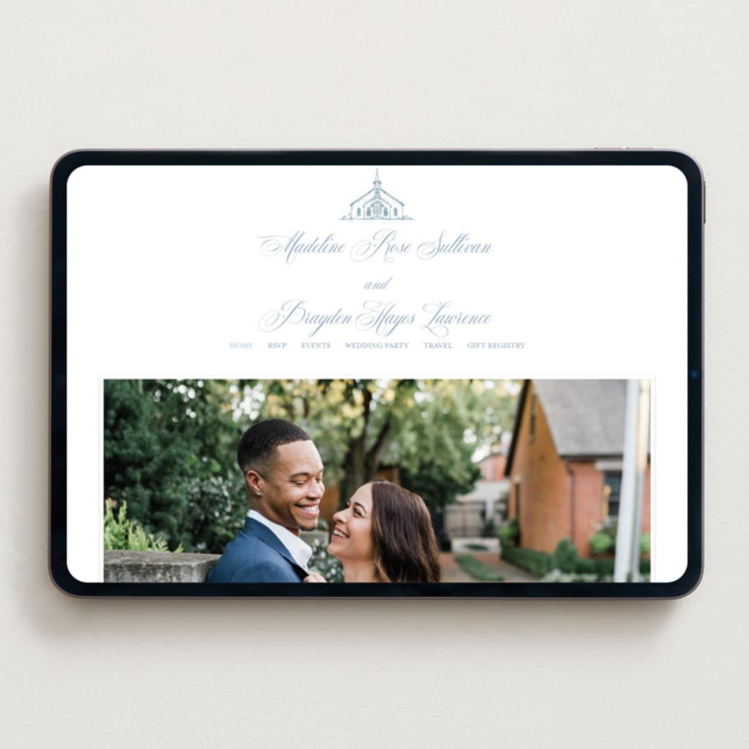"The Chapel" - Wedding Website in Provincial Blue by Melinda Denison - Desktop Design